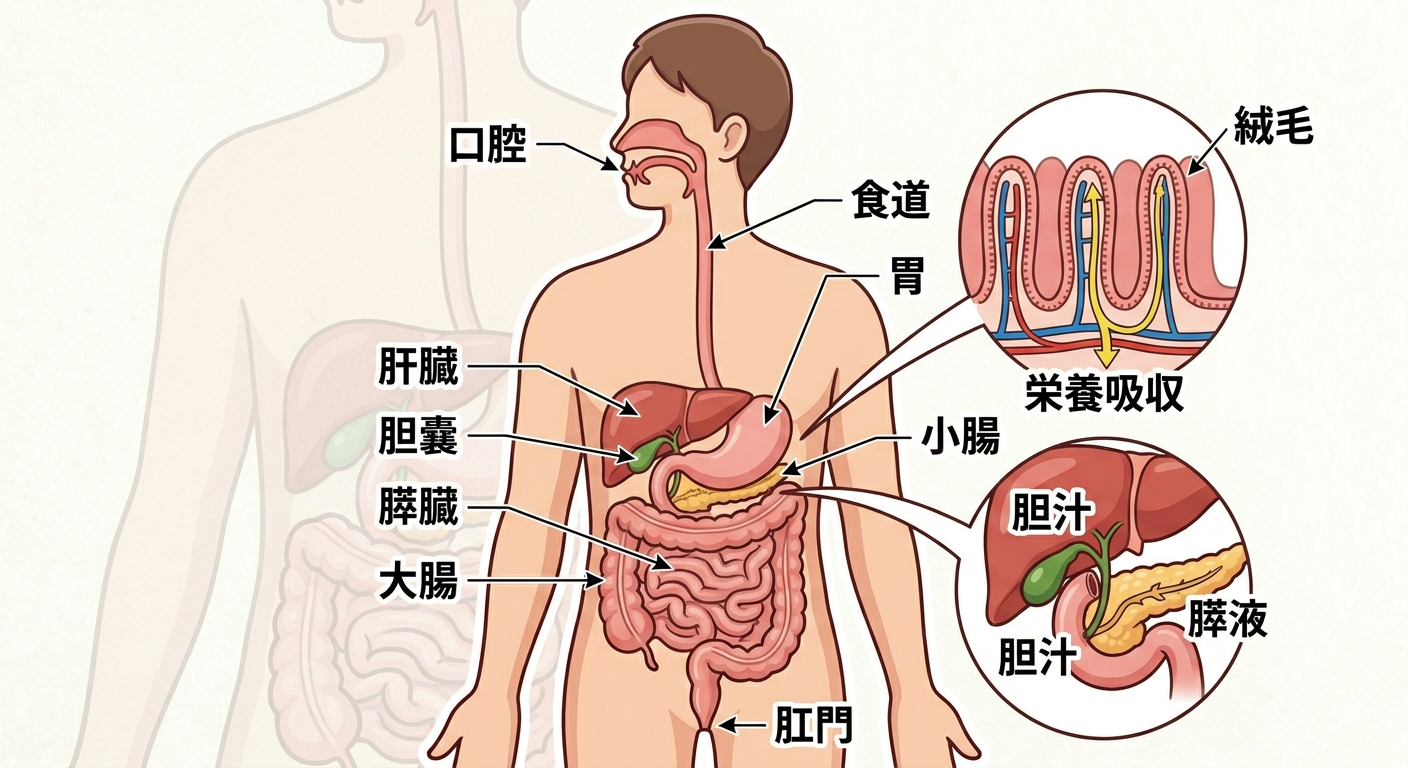 消化器系の全体図（口から肛門までの通り道と、肝臓・胆嚢・膵臓）