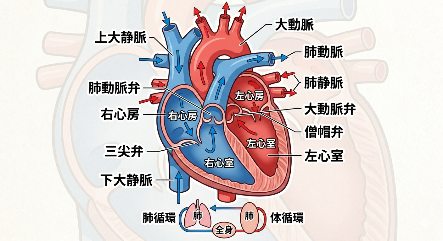 心臓の構造と血液の流れ（4つの部屋）