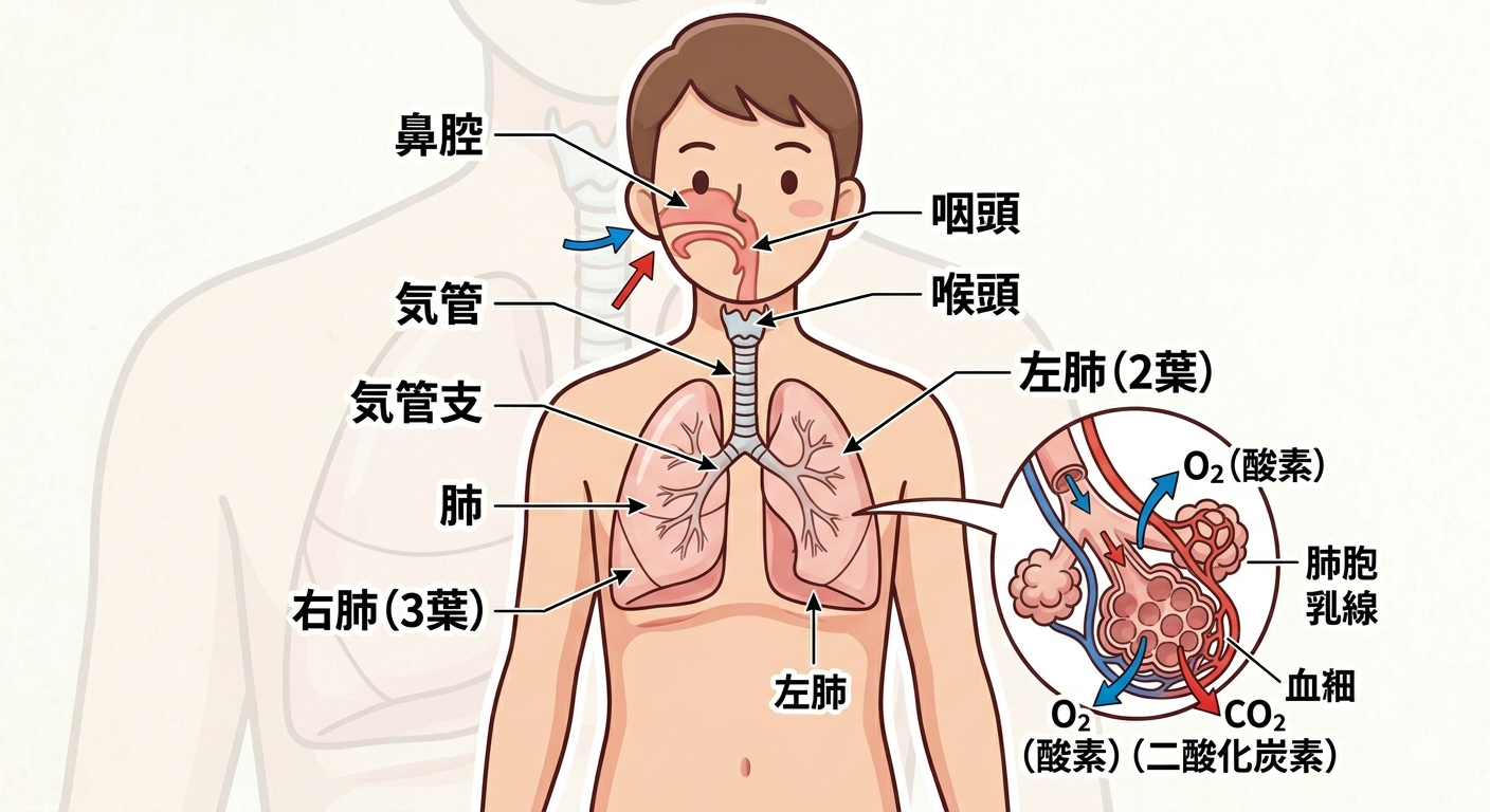 呼吸器系の構造図（気管・気管支・肺胞とガス交換）