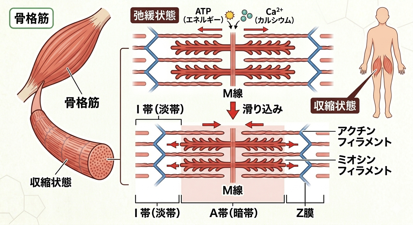 筋肉の収縮メカニズム（滑り込み説）：アクチンとミオシンフィラメントの滑り込み