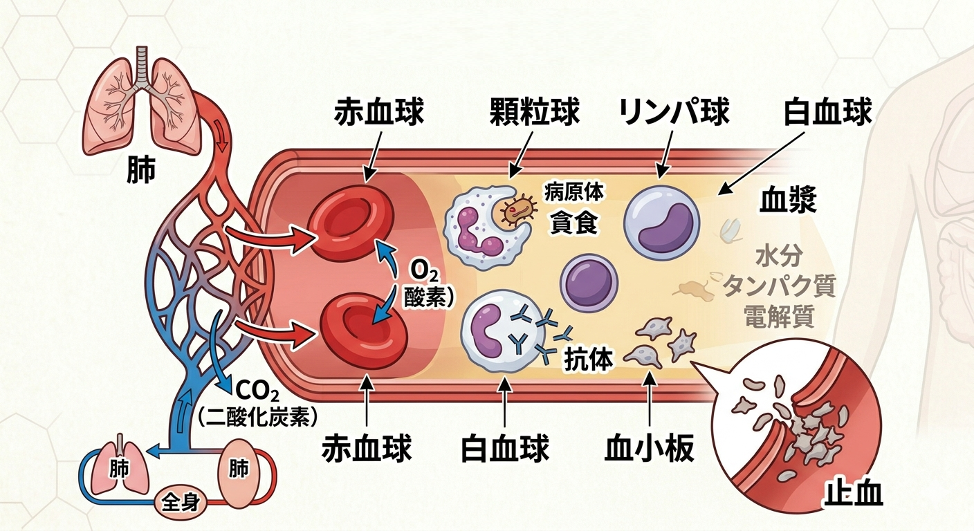 血液の構成成分（血漿と血球：赤血球・白血球・リンパ球・血小板）とそれぞれの働き